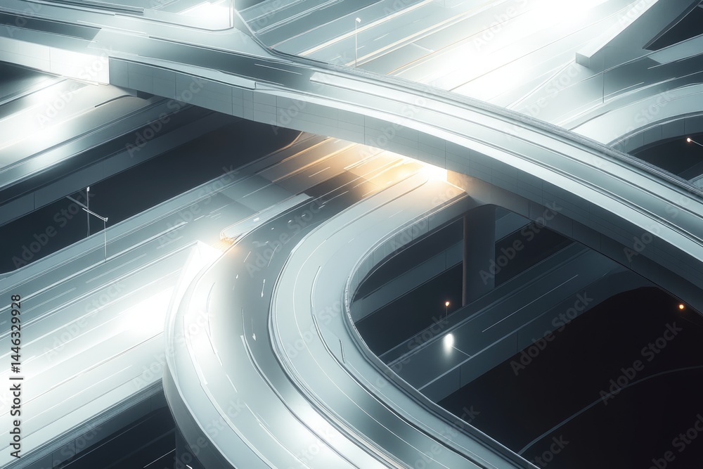 A futuristic and abstract view of a complex highway interchange, emphasizing the architectural design and smooth curves with light and shadow. A futuristic and abstract view of a complex highway interchange, emphasizing the architectural design and smooth curves with light and shadow.