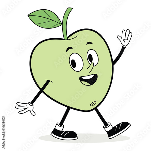 Cheerful Cartoon Green Apple Character Walking and Waving with a Smiling Face Art