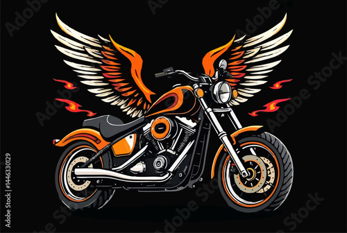 Vector t-shirt design with biker motorcycle, wings
and fire on black background.
Fashionable print for fabric, paper, men clothing,
hoodie, biker jacket. T shirt template with flame.