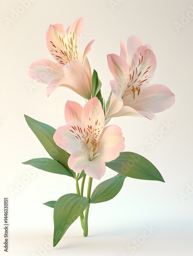 Three delicate pink Alstroemeria flowers bloom gracefully together on a stem with lush green leaves against a bright white background.