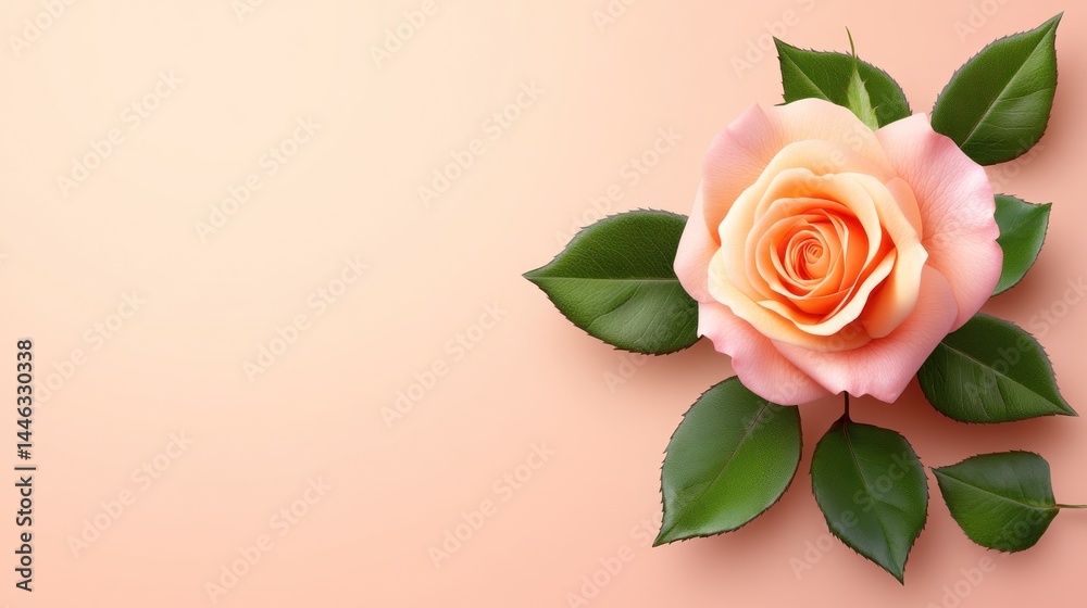 Fototapeta premium Delicate peach rose and leaves artfully arranged on a pale pink background.