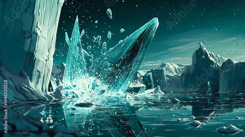 A fascinating moment of shattering glass frozen in time with intricate glowing reflections. [Frozen Time] | Arctic Timelines | frozen history. Illustration