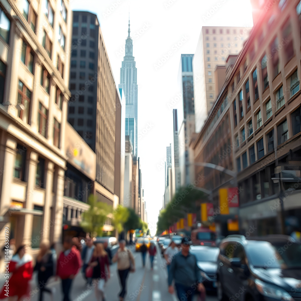 Obraz premium Blurred urban streetscape city life. Soft focus skyscrapers city street on sunny day with tall buildings and pedestrians