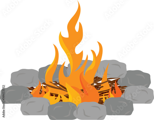 Campfire with surrounding rocks. Vector