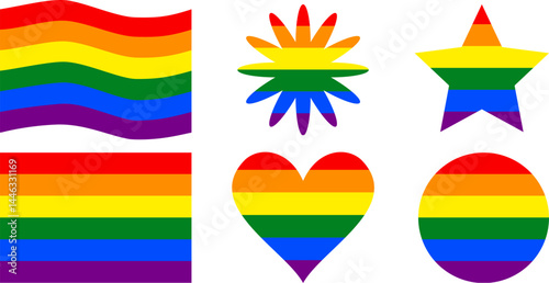 Set of minimalist LGBT rainbow flag vector icons. Styles include heart, round, star, flower, stripes, and waving