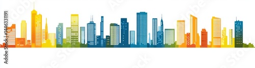 The cityscape banner displays a colorful urban skyline that combines modern and traditional architectural styles