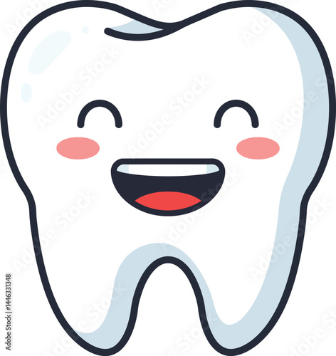 Happy smiling tooth cartoon character with rosy cheeks and open mouth vector illustration