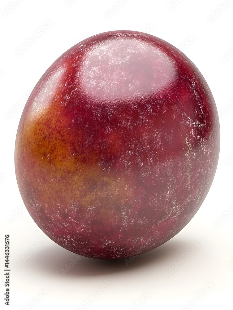 Fototapeta premium A single ripe plum with reddish-purple skin and subtle orange hues sits isolated on a pure white background.