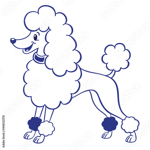 Cartoon Outline Poodle, Smiling Dog with Collar, Elegant Canine, White Coat, Blue Trim