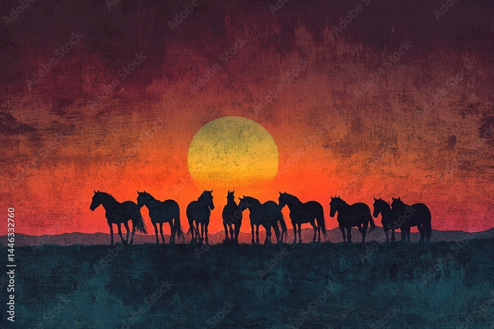 Fototapeta premium Silhouetted horses stand against a fiery sunset, creating a striking contrast and a sense of serene beauty.