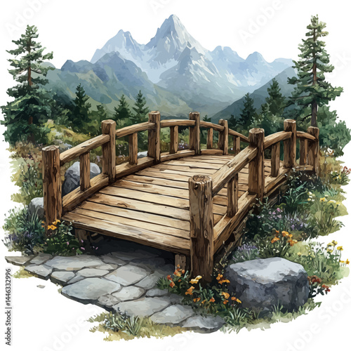 Wooden Railing On A Terrace With A Scenic View, watercolor vector, isolated on a white background.
