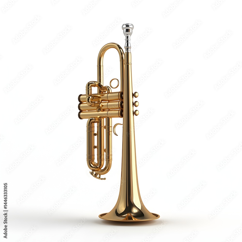 Fototapeta premium A gleaming golden trumpet stands upright against a stark white background showcasing its intricate details and elegant design.