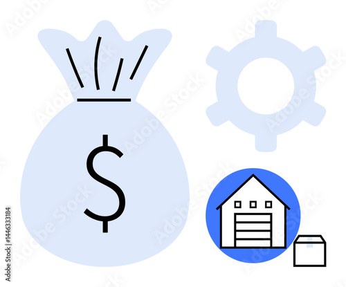 Money bag with dollar sign near gear, warehouse, and file symbols. Ideal for finance, logistics, supply chain, business planning, e-commerce budget management and operations. Flat simple metaphor