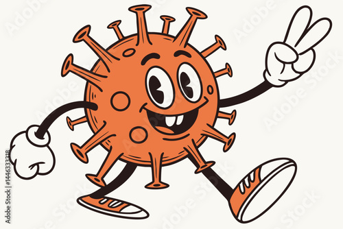 Cartoon Orange Virus Character with Big Eyes, Arms, Legs, and Shoes Making Peace Sign