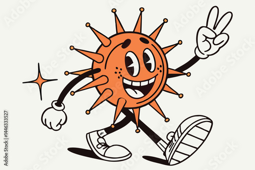 Retro Cartoon Sun Character Walking and Gesturing Peace Sign. Vintage Style Design