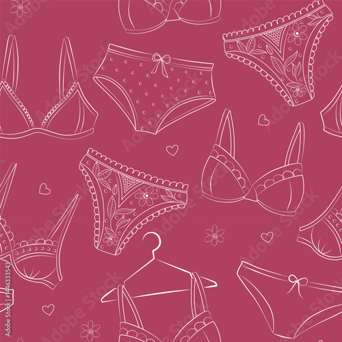 Lingerie seamless pattern of bra types, panties, brassiere. Women underwear background. Cute pink white wallpaper for clothes store. Pattern with female underwear. Line vector illustrations.