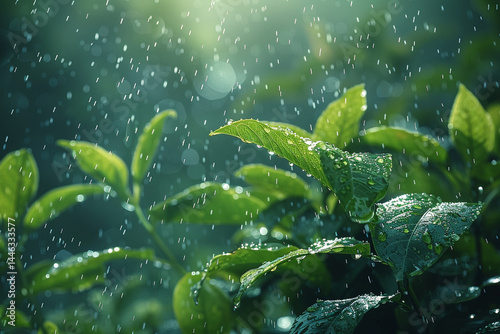 Tranquil rain kissed landscape with delicate droplets descending on lush foliage creates a serene and harmonious atmosphere, capturing the beauty of the natural world  