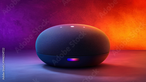 Modern smart speaker on a vibrant, gradient-colored surface with glowing lights. Stylish smart home speaker on a colorful background.
