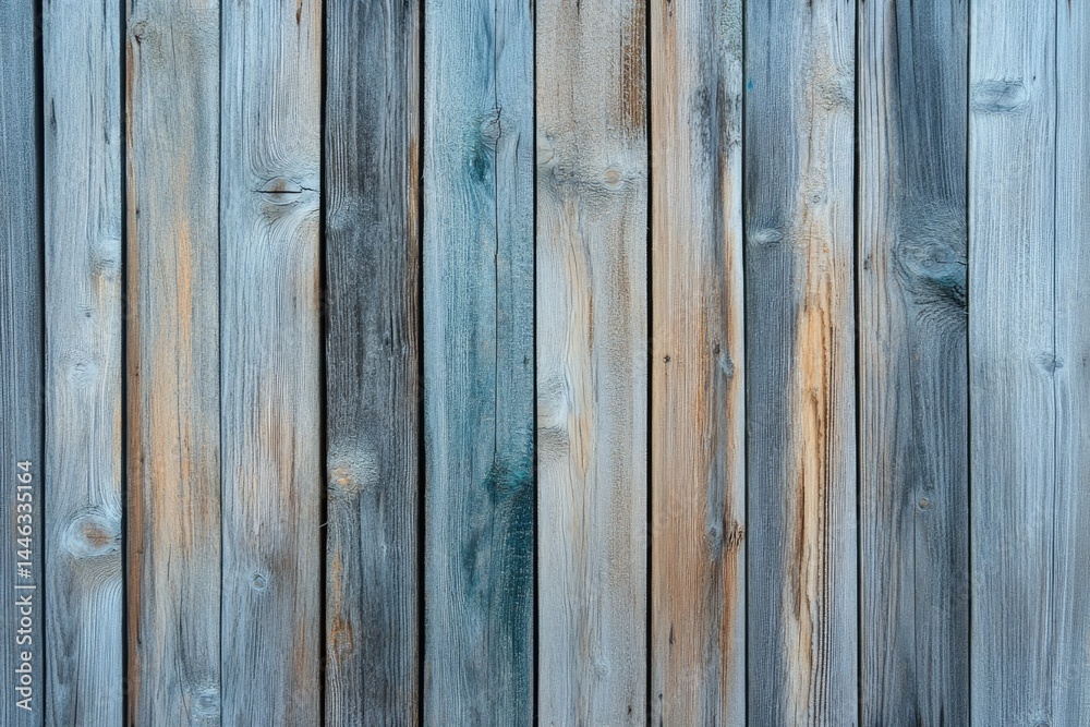 Fototapeta premium A close-up of a weathered wooden fence with a faded blue hue, showcasing aged texture.