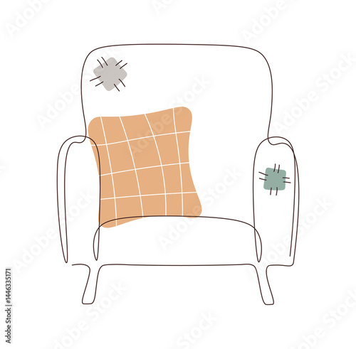 Single continuous line drawing of old and broken armchair. Broken chair with patches. Furniture in garbage dump. Editable stroke. One line. Simple minimalistic vector doodle illustration.