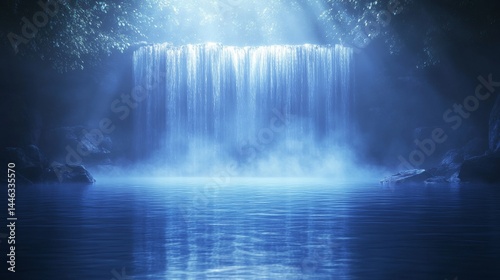 A colossal, lofty cliff face tumbles violently into a calm, sapphire ocean, surrounded by an eerie mist, Shrouded Shoreline, Illustration