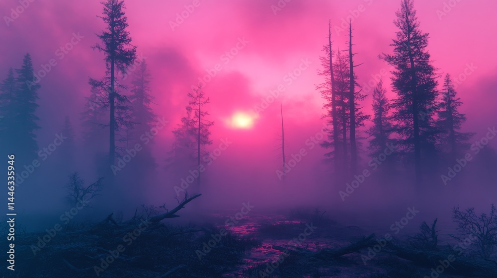 Obraz premium The illustration Drifting Remains showcases a forest's charred remains, somber colors, and a melancholy atmosphere, all captured in an impressionistic landscape style with faint remnants and drifting