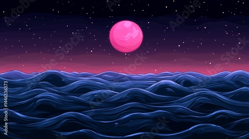 The majesty of a nocturnal seascape is captured in an illustration titled Lunar Undertow, where ethereal lunar glow illuminates turbulent ocean waves beneath a dark, starless, and foreboding sky