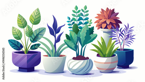 A stunning variety of ornamental plants in smooth ceramic pots.
Each pot showcases minimalist beauty and natural texture.
Leaves spread gently, adding life to every corner.
Isolated on white backgroun