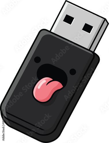USB flash drive with playful cartoon face and tongue sticking out digital storage device vector illustration 