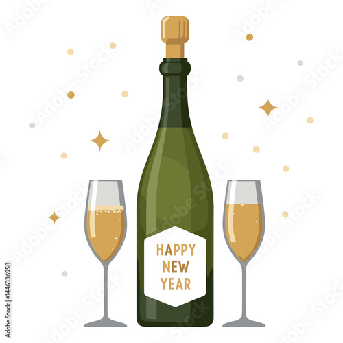 A vector illustration New Year Champagne Bottles and Champagne glasse