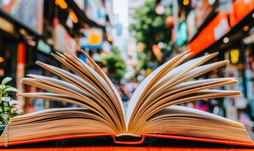 Open book, city street background, reading outdoors, urban lifestyle, education concept