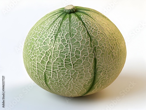 A perfectly ripe cantaloupe melon sits on a plain white background ready for use in your next summer design project.