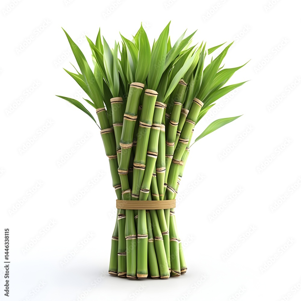 Fototapeta premium A lush bundle of vibrant green bamboo stalks tied together with a natural brown band sits on a white background.