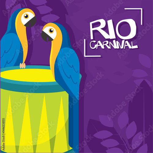 Rio carnival parrots drum. Vector