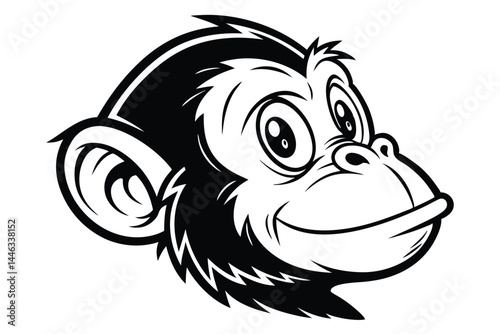 Cartoon Monkey Head Outline with Smile, Black and White Cute Animal Design Isolated