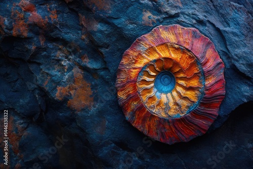 Striking close-up of a fossilized ammonite with orange, red, and blue hues, contrasting against a dark, textured rock formation in a detailed composition.