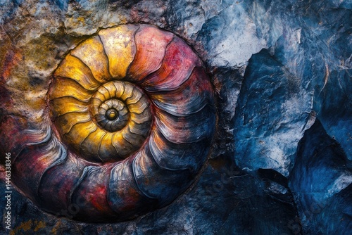 An artistic depiction of a fossilized ammonite shell, its vibrant colors and intricate details set against a textured stone backdrop. 