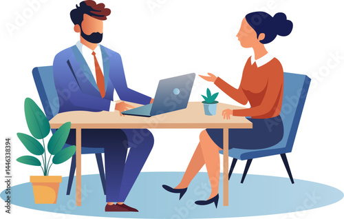 Business Job Interview concept. Vector cartoon illustration of a young woman asking questions and a man in a suit answering them while sitting at a table. isolated on a white background.