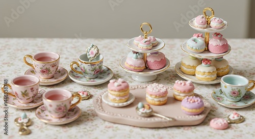 Wallpaper Mural Delicate miniature tea party scene with cakes and pastries Torontodigital.ca