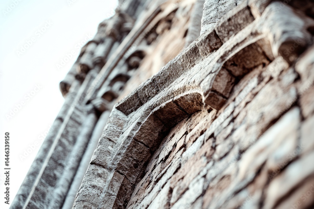 Angled view captures the textured, aged stone exterior and arched design details of a vintage building against a soft sky. Angled view captures the textured, aged stone exterior and arched design details of a vintage building against a soft sky.