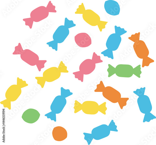 Colorful wrapped candies in various shapes and bright colors scattered on white background vector illustration 