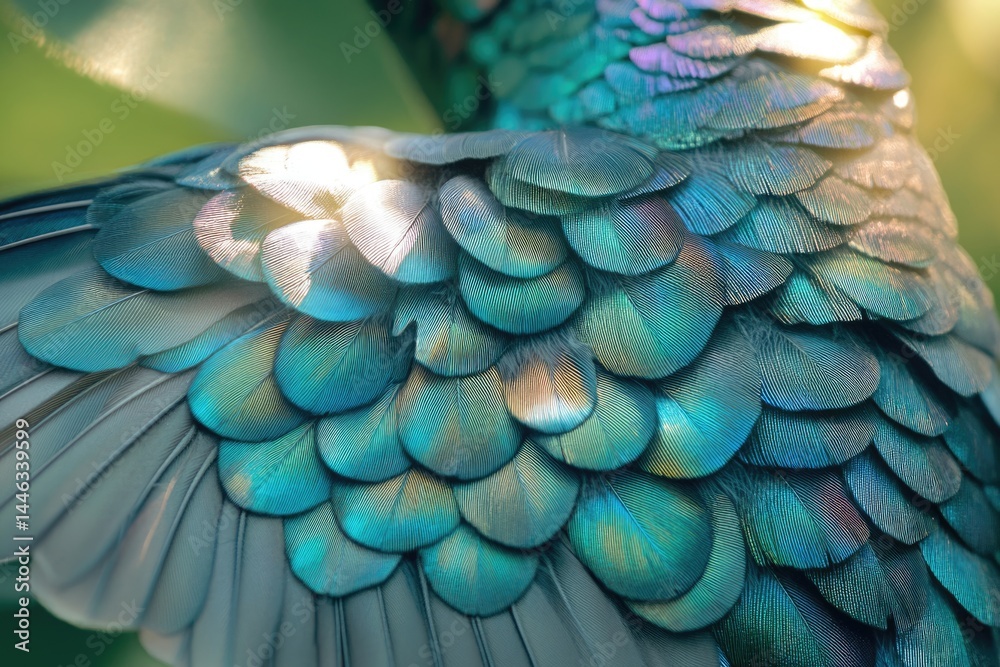 Fototapeta premium A macro shot unveils a bird's iridescent feathers, showcasing brilliant turquoise, blues, and purples under the soft light of nature.