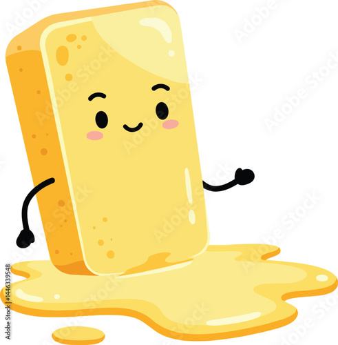Cute melting butter character with happy face and arms vector illustration for food design and cooking concepts 