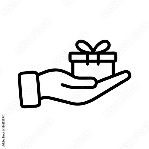 Hand holding a gift, symbol of giving and celebration, thin line vector icon with transparent background