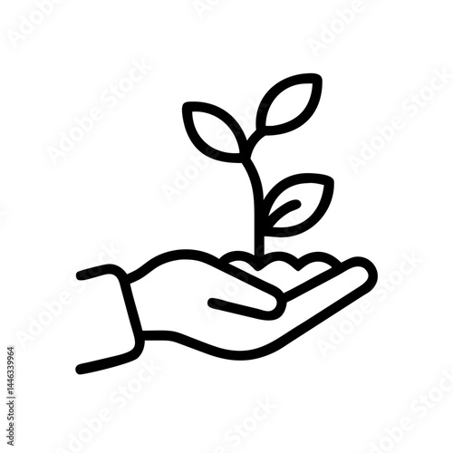 Hand holding a plant, symbol of eco care and growth, thin line vector icon with transparent background

