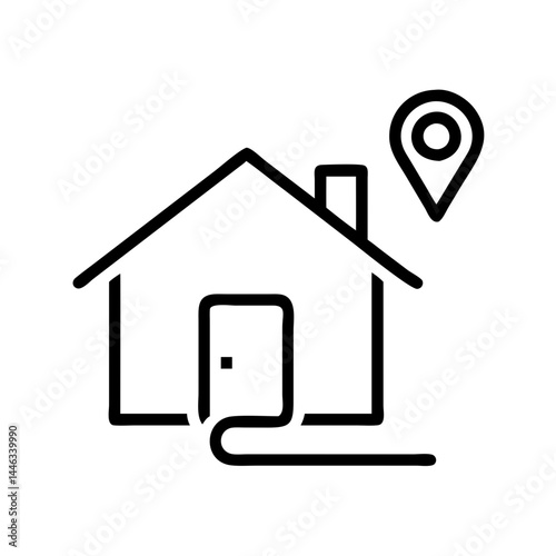 Home with location pin, real estate and delivery symbol, thin line vector icon with transparent background