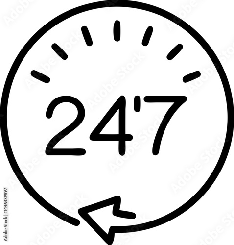 24/7 service, customer support availability, thin line vector icon with transparent background