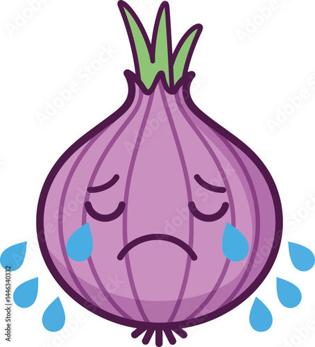 Sad crying purple onion vegetable with tears and green top vector illustration 