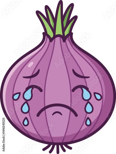Sad purple onion cartoon character crying with tears expressive face vector illustration 