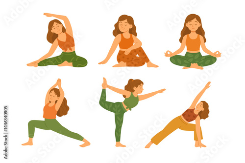 Six girls in colorful outfits doing different yoga poses in soft flat vector illustration.